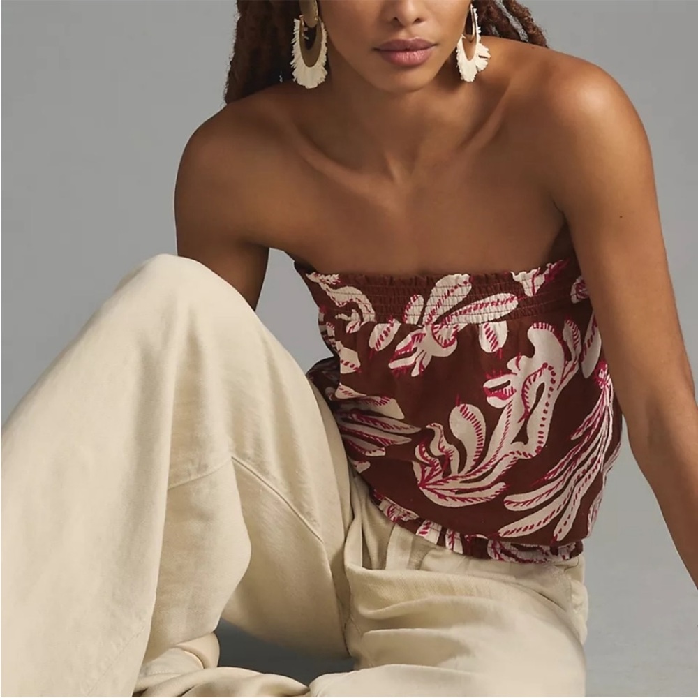 Anthropologie Brown/Burgundy and White Strapless Top